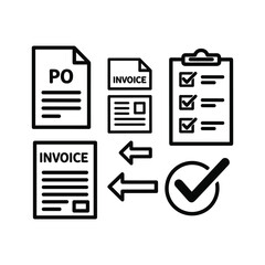 Business process flow icon set for purchase order and invoice