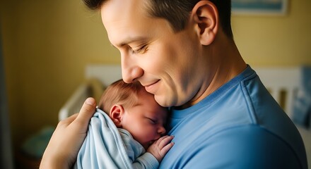 Tender moment father holds newborn baby close embrace love joyful family bond