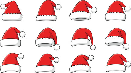 Santa hat collection, cartoon Christmas hats, festive red holiday caps, winter accessory icons, cute decorative illustration set for seasonal design projects