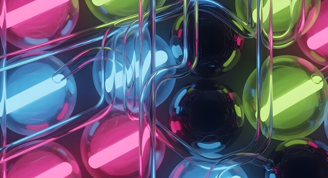  Retro 70s Futuristic Geometric Pattern with Neon Lit Glass Spheres