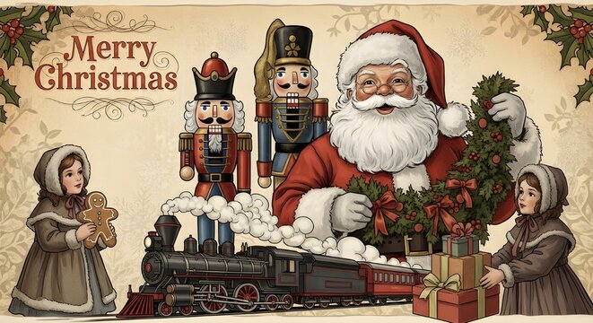 Vintage christmas illustration featuring santa claus nutcrackers children and a train