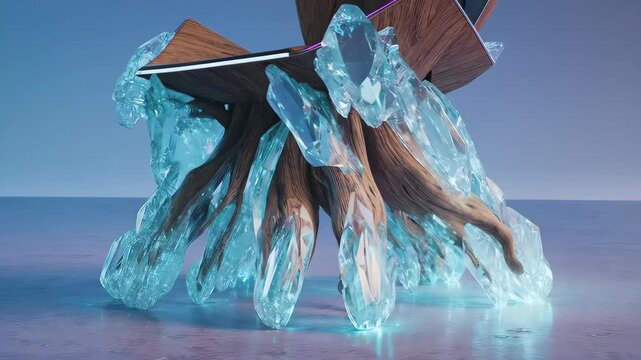 Abstract throne; wood, ice, and light compose fantasy aesthetic