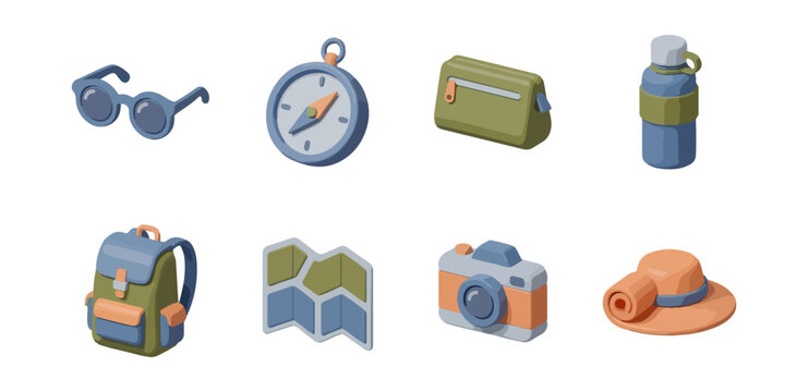 Isometric travel and adventure equipment set