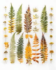 Autumn fern leaves and small yellow flowers arranged on a white background.