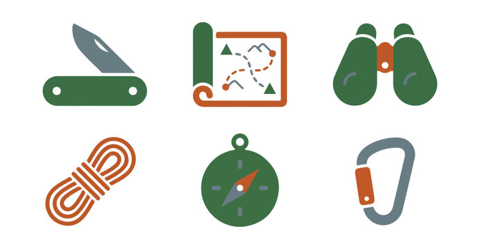 Outdoor adventure equipment icons set