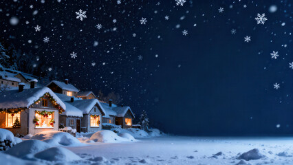 Fototapeta premium A charming Christmas village with wooden houses in diagonal perspective glowing with festive decorations amid snowdrifts and falling snow with copy space