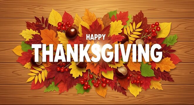 Vibrant autumnal foliage and berries create a festive backdrop for a warm 'Happy Thanksgiving' greeting, ideal for holiday banners, cards, and seasonal designs celebrating gratitude