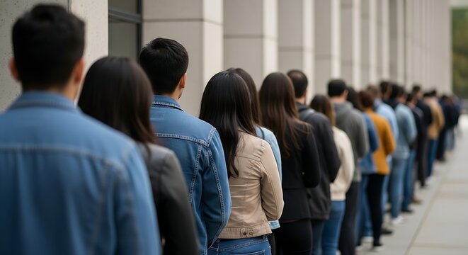 Diverse crowd standing in long line together outdoors creating anticipation and unity, symbolizing patience, community, and collective experience