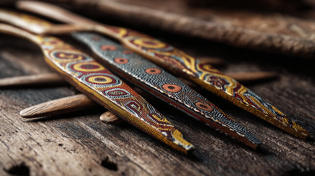 Artistic and detailed close-up shot of three decorated aboriginal boomerangs