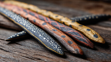 Artisanal wooden walking sticks, a unique and eye-catching collection, displayed with artistic flair. Each stick showcases intricate designs and textures, a testament to craftsmanship