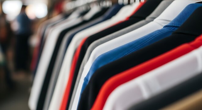 Stylish polo shirts hanging neatly in a clothing store create a vibrant shopping experience with colorful apparel selection and modern retail appeal