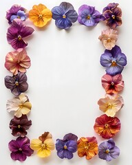 Colorful pansy flower border on white background, spring floral arrangement