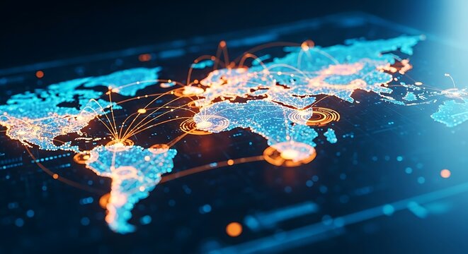 Global network connections visualized across world map, showing worldwide communication and data transfer in stunning detail for modern business - Powered by Adobe