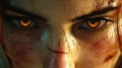 A close-up captures the intense gaze of a face marked with prominent scars, highlighting resilience and determination. The detail shows the scars' texture, complemented by expressive eyes.
