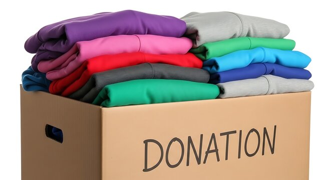 Donate clothing to charity for reuse in a cardboard box, a noble act of kindness and care for people and environment in need of clothes