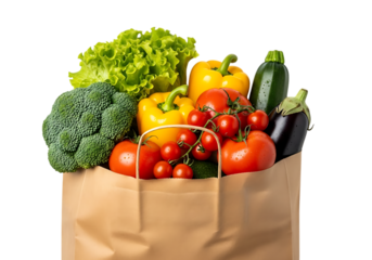 A brown paper grocery bag overflowing with fresh, vibrant vegetables including broccoli, bell peppers, tomatoes, zucchini, and eggplant, isolated on transparent background