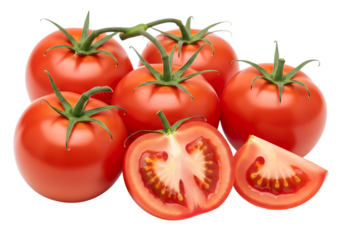 A group of fresh, ripe red tomatoes, some whole and one sliced in half, isolated on transparent background