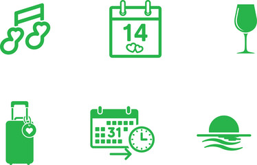 Green icons representing love travel events planning drinking and celebration depicting love filled music valentines day trip planning events and celebratory alcoholic beverages