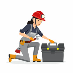 Female construction worker kneeling and opening toolbox on white backdrop, ready for repair work with a determined and professional attitude.