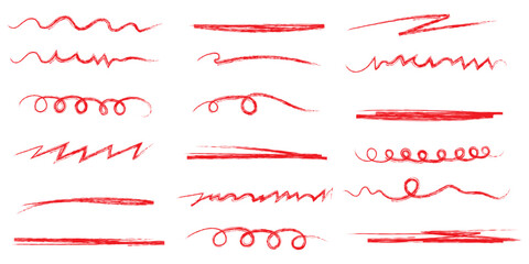 Сrayon or chalk red brush underline stroke set. Big collection of charcoal texture red pencil highlight stroke for accent, emphasis effect. Vector illustration