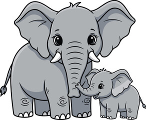 Obraz premium Adorable Elephant Family Bonding Together in the Wild: Cute Cartoon Elephants, Mother and Baby, Expressing Love and Protection, Perfect for Children's Books, Education, and Wildlife Conservation Campa
