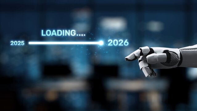 A futuristic robot finger points at a digital loading bar indicating the transition from the year 2025 to 2026 against a modern urban office background. Synapse - Powered by Adobe
