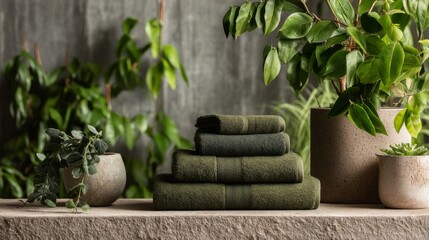 Serene Bathroom Interior with Green Towels and Natural Plant Accents