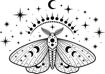 Mystical celestial moth illustration with moon phases, stars, cosmic symbols, magical boho line art design for spiritual artwork, tattoos, and decor