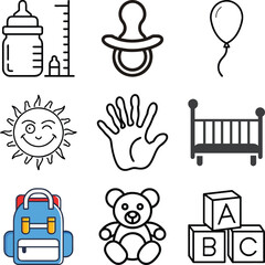 Nine Baby and Toddler Icon Set: Pacifier, Bottle, Crib, Backpack, Teddy Bear, ABC Blocks, and Sun Symbols. Vector Collection for Nursery and Childhood Design
