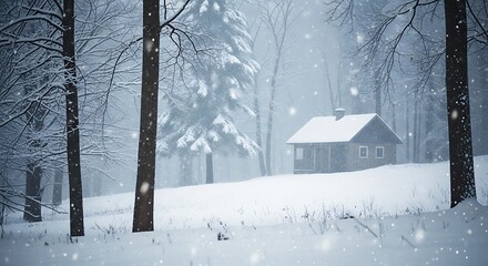 Escape to a cozy cabin in a snow-covered forest, a serene winter wonderland for holiday greetings or peaceful getaway promotions