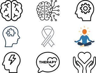 Psychology and Mental Health Icon Set Vector &mdash; Brain, Therapy, Meditation, Awareness Ribbon, Stress, and Cognitive Process Symbols for Counseling, Support, and Wellness Design