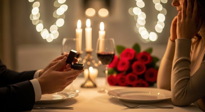 Man proposing to woman with a ring box during a romantic candlelit dinner with roses and wine