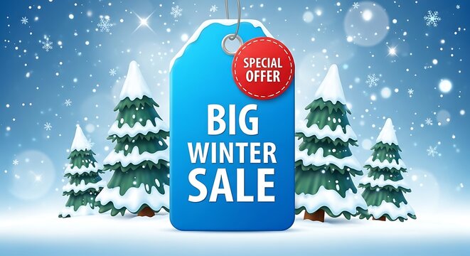 Announce your big winter sale with this festive, eye-catching design featuring snowy trees and a special offer perfect for holiday marketing campaigns - Powered by Adobe