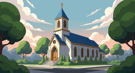 Classic Church Building Standing Majestically in Peaceful Neighborhood at Sunset, Providing Spiritual Guidance and Community Gathering Place for Religious Observance and Faith-Based Activities with Tr