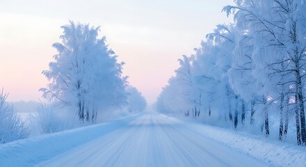 Obraz premium Discover the magic of winter with this snow-covered road leading into a dreamy, frosted forest at dawn, a serene landscape for travel and holiday themes
