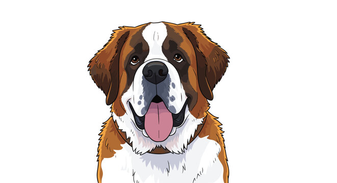 Gentle Cartoon Saint Bernard Dog Portrait Smiling on White Background,  Happy Canine Companion for Pet Lovers, Veterinary Clinic Marketing, Educational Animal Illustration, Ideal for Children's Books