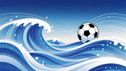 A classic black and white soccer ball floats on stylized blue and white ocean waves under a clear blue sky