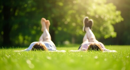 Joyful summer fun two people relaxing outdoors sunlit green nature scene