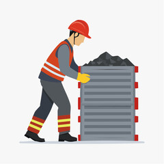 Worker pushing cart filled with coal in a mine, wearing safety gear and helmet, depicting hard labor and industrial work, showcasing effort and determination.