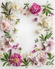 Pink and white peonies and small flowers arrangement with green leaves on white background