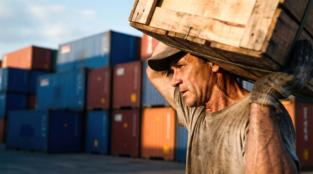 Dock worker carrying heavy crate container terminal port shipping logistics industry cargo freight manual labor transport warehouse outdoors occupation male strength box delivery trade commerce harbor