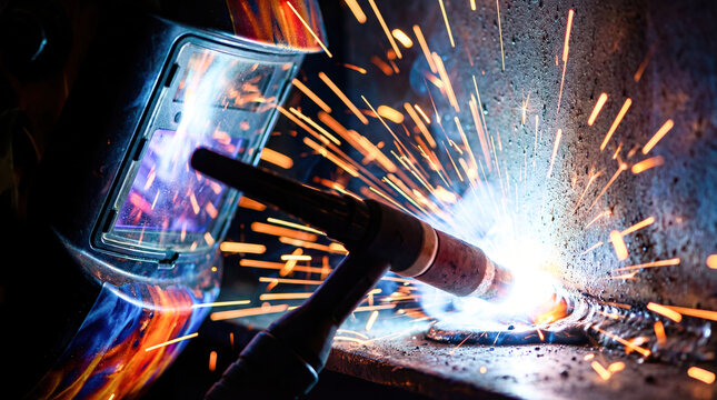 Industrial welder worker welding metal steel pipe in factory sparks flying protection mask safety manufacturing construction workshop bright light heavy industry labor skill occupation engineering 