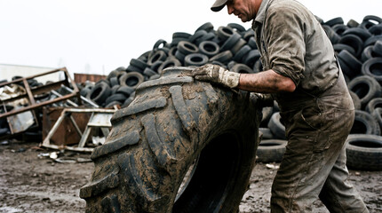 Fototapeta premium Tire recycling plant worker moving huge rubber tyre waste management industry ecology environment heavy labor dirty occupation male warehouse heap black texture