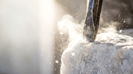 Stone carver sculptor striking chisel with mallet marble dust flying art craft workshop handmade skill labor statue creation industry occupation male detail texture white