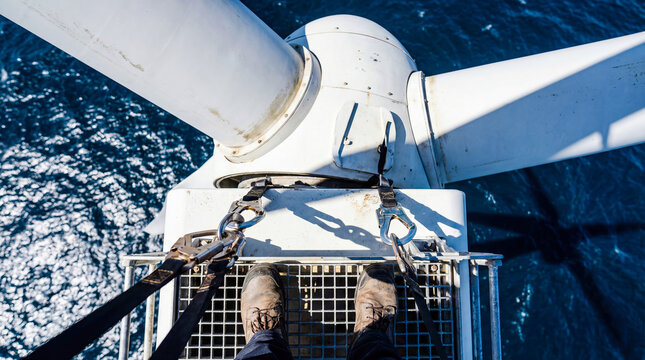 Offshore wind turbine technician working at extreme height maintenance energy industry renewable power ocean view safety harness helmet danger occupation male climbing engineering sky - Powered by Adobe