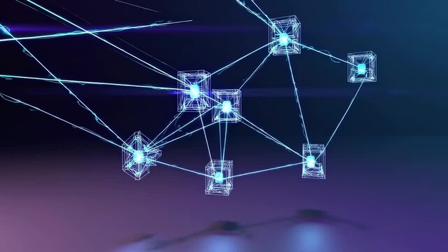 Futuristic video concept of interconnected digital nodes in a network. Top-down angle highlights the glowing, geometric wireframe design. Live desktop wallpaper.