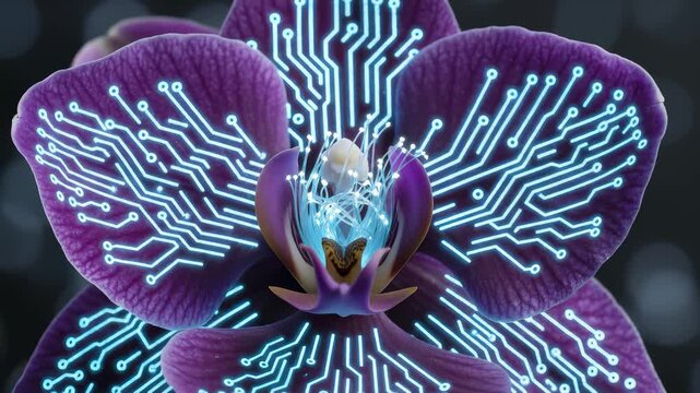Orchid Opens With Glowing Circuit Board Pattern, Artificial Intelligence