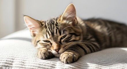 Adorable tabby cat relaxing peacefully on a soft striped bed close up