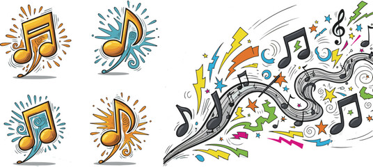 Vibrant Cartoon Musical Notes Composition with Energetic Staff and Graphic Elements