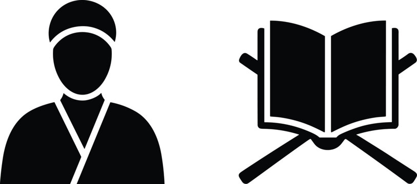 Black silhouette of a person in traditional attire and an open book on a stand